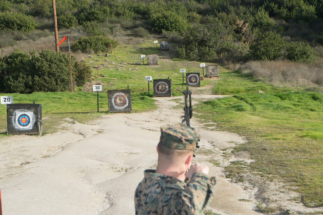 U.S. Marine Corps Lance Cpl. Broc Story a combat graphics specialist,

Headquarters and Support Battalion, Marine Corps Installations-West, draws a

bow at the Rattlesnake Canyon Archery Range on Marine Corps Base Camp

Pendleton, Jan. 8, 2020. The Rattlesnake Canyon Range is an open access range

for all to participate in the sport of archery. (U.S. Marine Corps photo by

Lance Cpl. Melissa Ugalde)