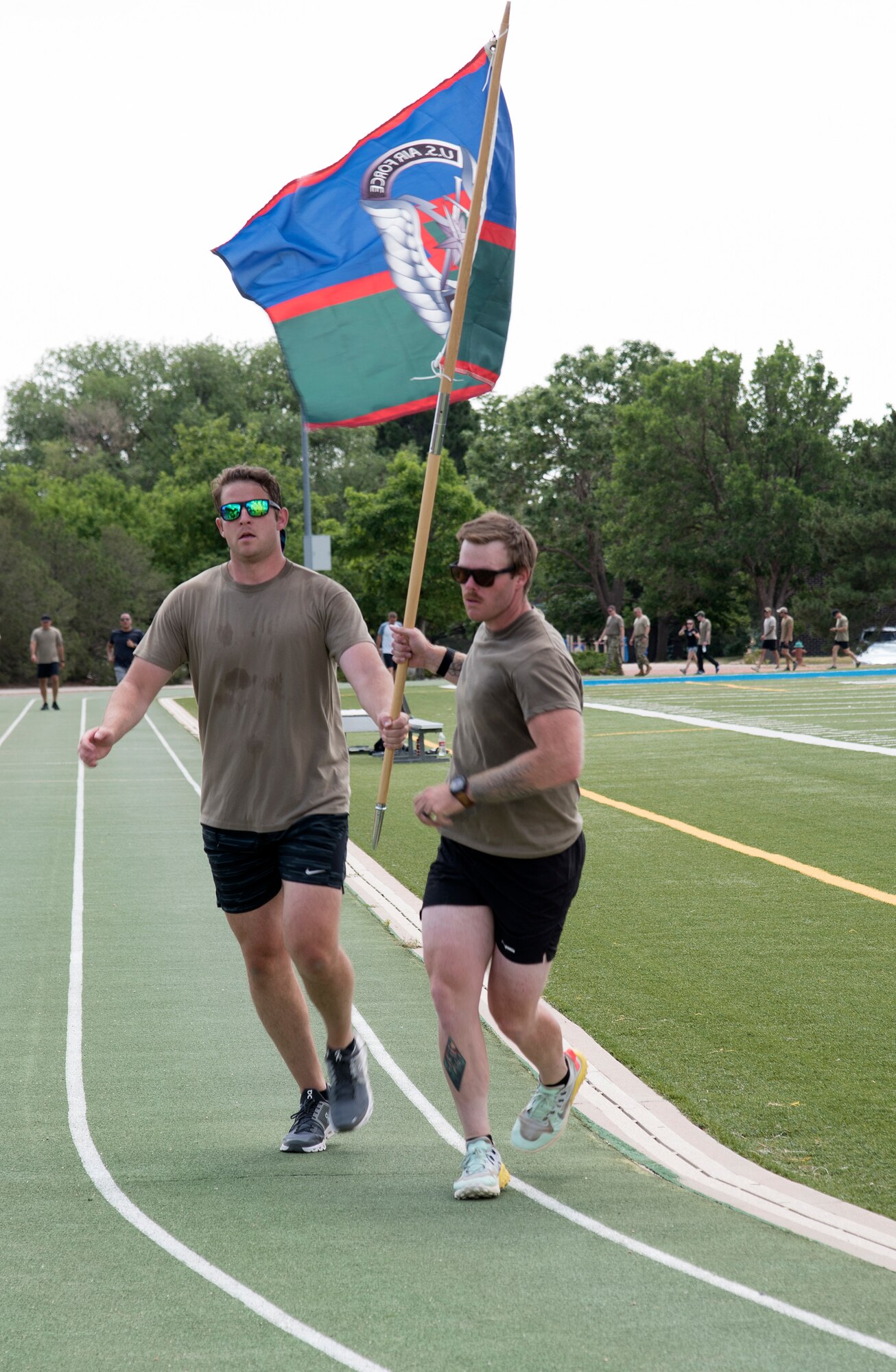 PETERSON AIR FORCE BASE, Colo. - Airmen from the 13th Air Support Operations Squadron take part in the ninth annual Tactical Air Control Party (TACP) Association 24-hour challenge run at the Peterson Air Force Base, Colorado, Fitness Center track July 13-14, 2020. The 24-hour challenge serves as a way to remember fallen service members and bring awareness and support to the TACP Association, which helps TACP service members and their families. (U.S. Air Force photo by Kristen Allen)