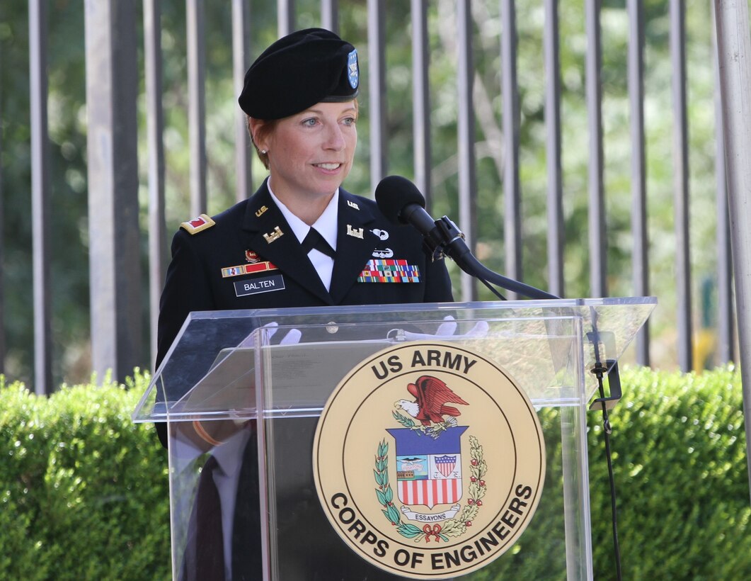 Col. Julie Balten, incoming commander of the U.S. Army Corps of Engineers Los Angeles District, speaks during the district’s change of command ceremony July 14, 2020,