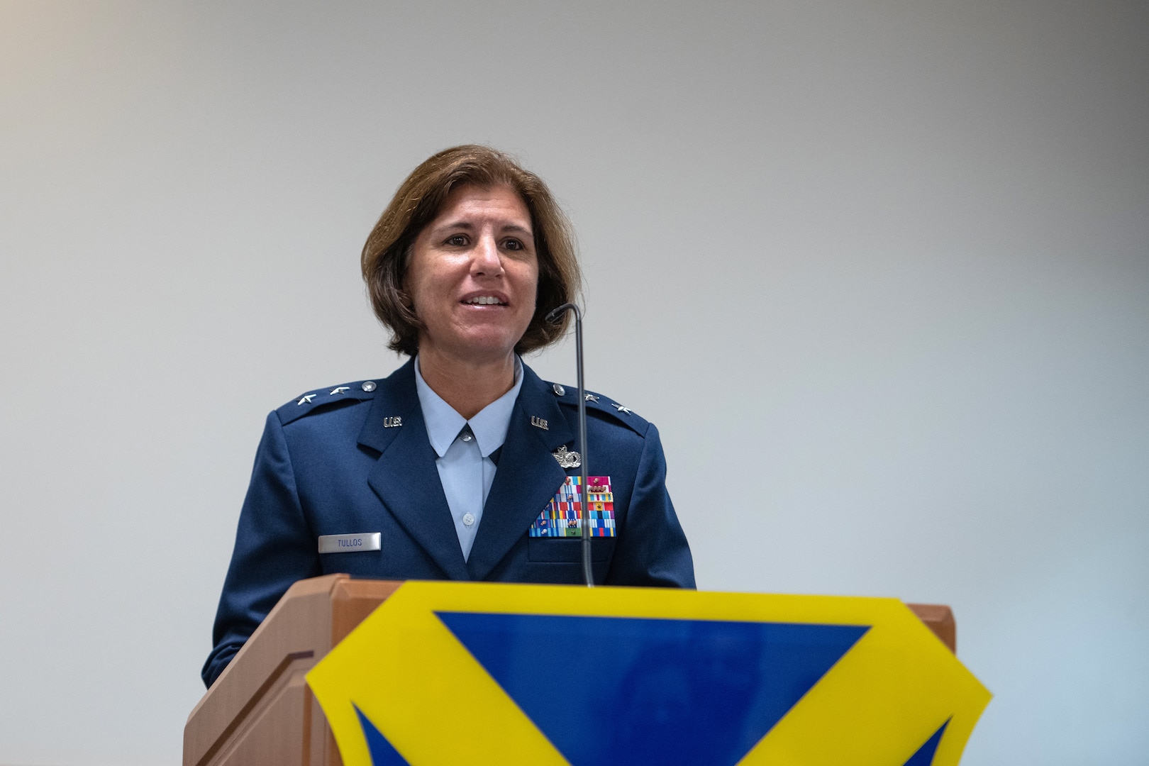 U.S. Air Force Maj. Gen. Andrea Tullos, Second Air Force commander, Keesler Air Force Base, Miss., addresses the audience during the 37th Training Wing change of command ceremony July 15, 2020