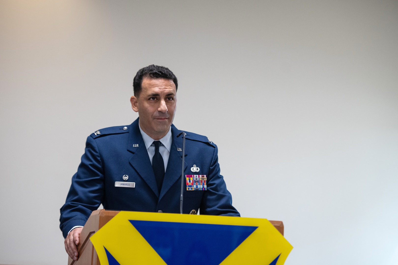 U.S. Air Force Col. Jason Janaros, 37th Training Wing commander, addresses the audience during the change of command ceremony July 15, 2020