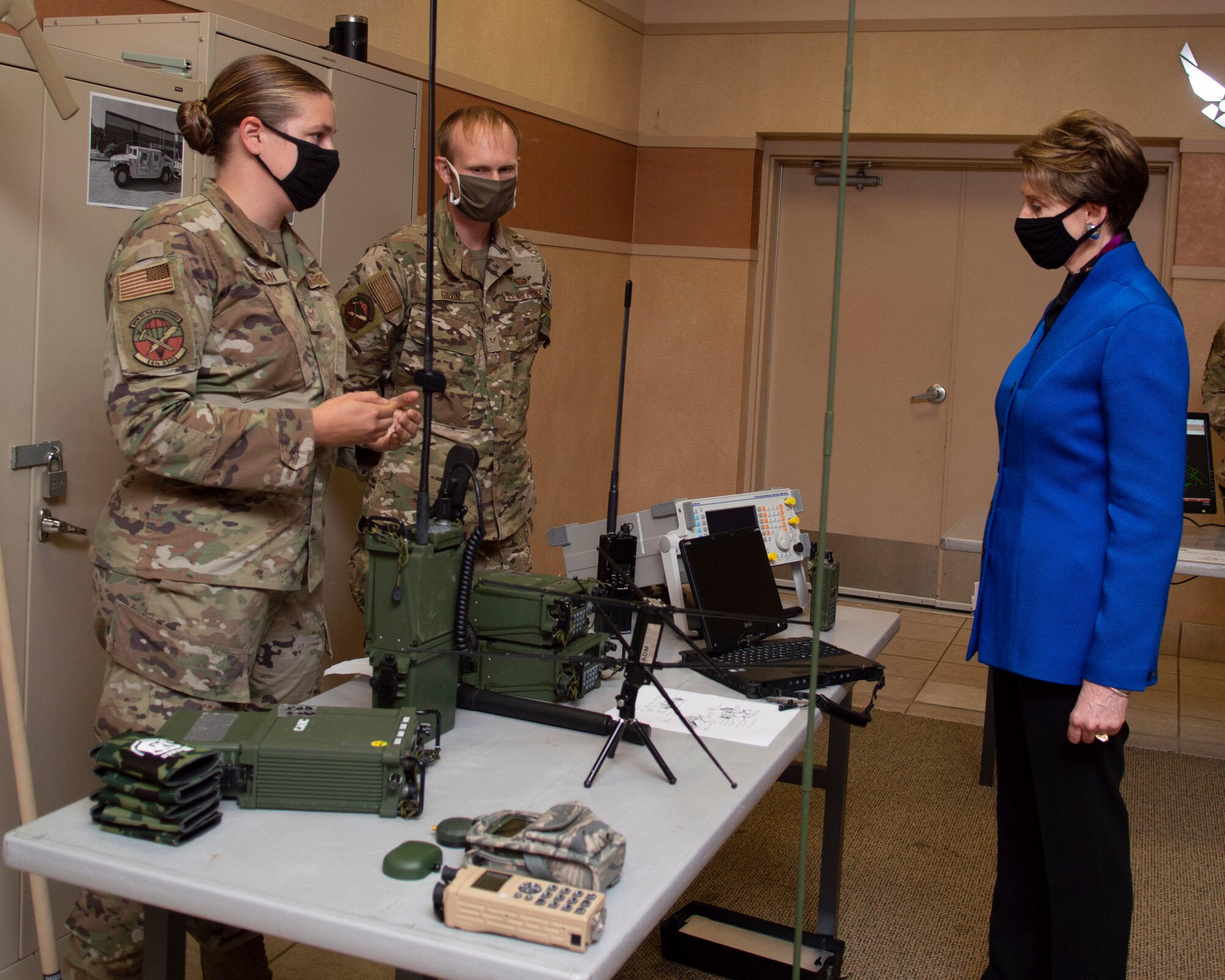 Secretary of the Air Force Barbara M. Barrett visited Pope Army Airfield, North Carolina on July 16 to discuss joint operations and the integral part the Air Force plays during global responses.