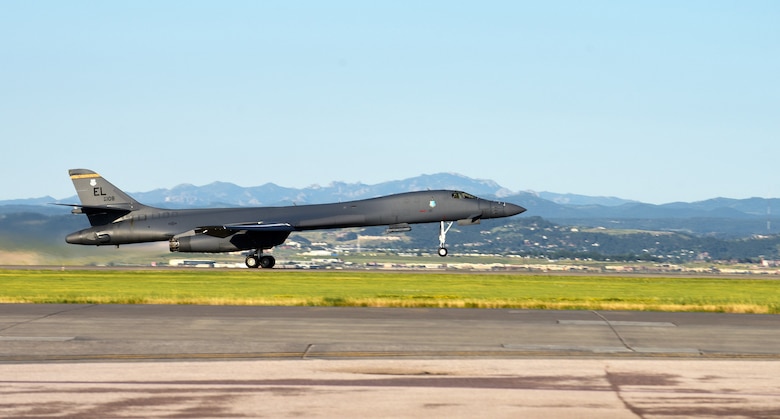 A B-1B Lancer assigned to the 37th Bomb Squadron launches from Ellsworth Air Force Base, S.D., for a Bomber Task Force deployment to the U.S. Indo-Pacific Command area of responsibility July 16, 2020. The U.S. security presence, along with allies and partners, underpins the peace and stability that has enabled the Indo-Pacific region to develop and prosper for more than seven decades. (U.S. Air Force photo by Airman 1st Class Quentin K. Marx)