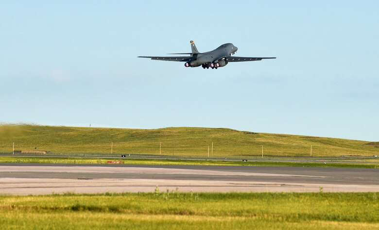 A B-1B Lancer assigned to the 37th Bomb Squadron launches from Ellsworth Air Force Base, S.D., for a Bomber Task Force (BTF) deployment to the U.S. Indo-Pacific Command area of responsibility, July 16, 2020. Bomber Task Force missions help maintain global stability and security while enabling units to become familiar in different regions. (U.S. Air Force photo by Airman 1st Class Quentin K. Marx)