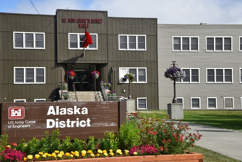 Workers completed the front of the Alaska District’s headquarters at the end of June.