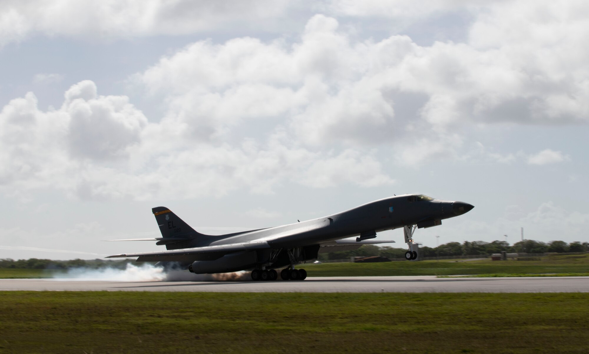 A B-1B Lancer, deployed from Ellsworth Air Force Base, S.D., lands at Andersen AFB, Guam, July 17, 2020. The Bomber Task Force is deployed to Andersen AFB in support of Pacific Air Forces’ training efforts with allies, partners and joint forces. (U.S. Air Force Photo by Airman 1st Class Christina Bennett)