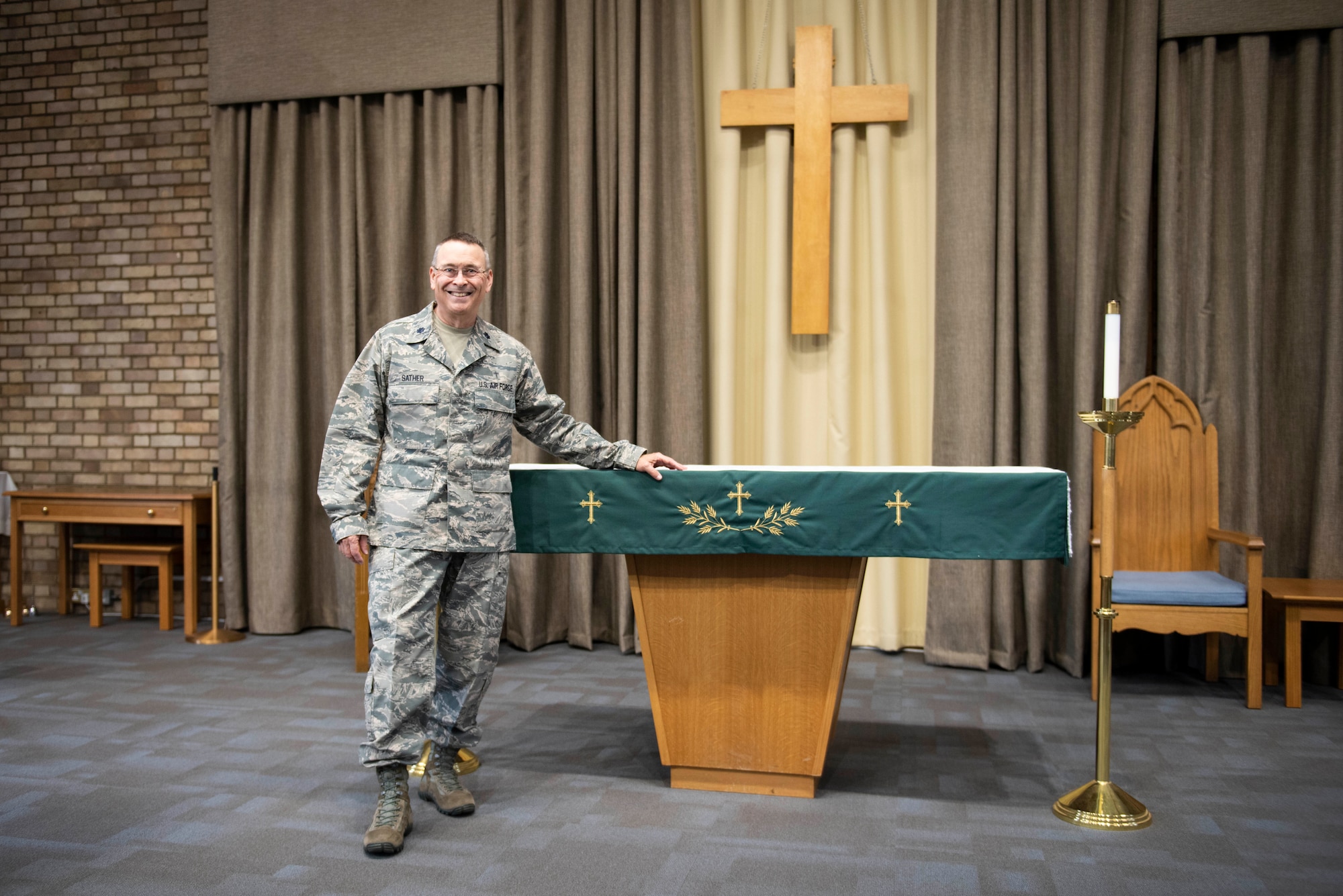 U.S. Air Force Lt. Col. Jerry Sather, 501st Combat Support Wing chaplain, poses for a photo at the base chapel at RAF Alconbury, England, July 15, 2020. After 41 years of military service, Sather shared his experiences and his reflection on diversity in the military. (U.S. Air Force photo by Airman 1st Class Jennifer Zima)