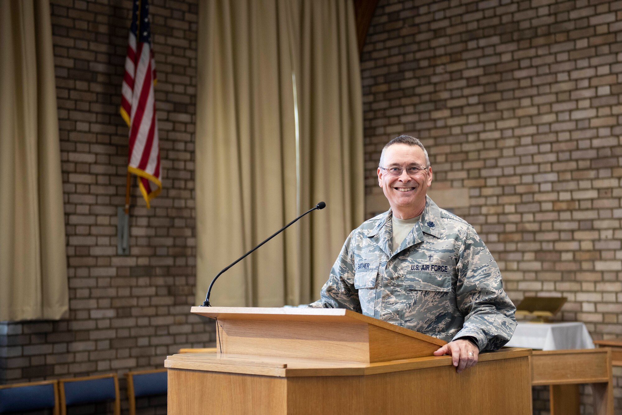 U.S. Air Force Lt. Col. Jerry Sather, 501st Combat Support Wing chaplain, poses for a photo at the base chapel at RAF Alconbury, England, July 15, 2020. After 41 years of military service, Sather shared his experiences and his reflection on diversity in the military. (U.S. Air Force photo by Airman 1st Class Jennifer Zima)