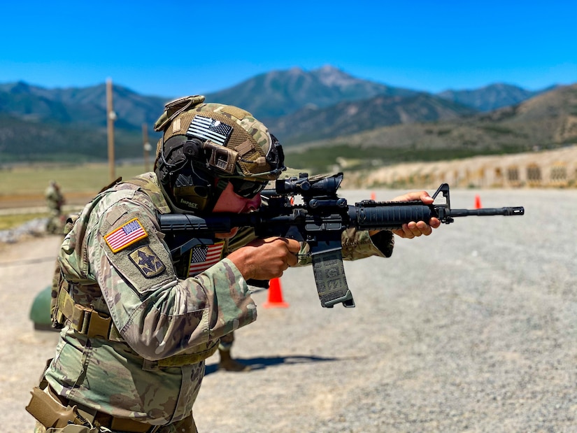 Staff Sgt. Wayne “Guido” Gray, California National Guard, engages targets in the Reflexive Fire match July 10, 2020, during the Marksmanship Advisory Council Region Seven Championships at Camp Williams, Bluffdale, Utah. Thirty-four Guard members from California, Colorado, Nebraska, Nevada, New Mexico and Utah spent three intense days in the mountains of Utah competing. Colorado took home the team championship title.