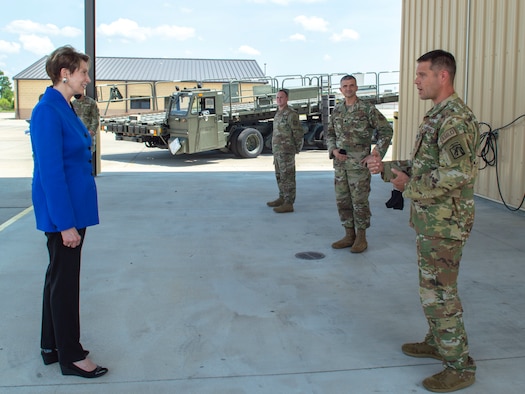 Secretary of the Air Force Barbara M. Barrett visited Pope Army Airfield, North Carolina on July 16 to discuss joint operations and the integral part the Air Force plays during global responses.
