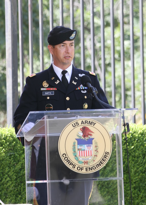 Col. Aaron Barta, outgoing commander of the U.S. Army Corps of Engineers Los Angeles District, speaks during the district’s change of command ceremony July 14, 2020, at the South El Monte Baseyard near Los Angeles. (Photo by Stephen Baack, U.S. Army Corps of Engineers Los Angeles District Public Affairs)