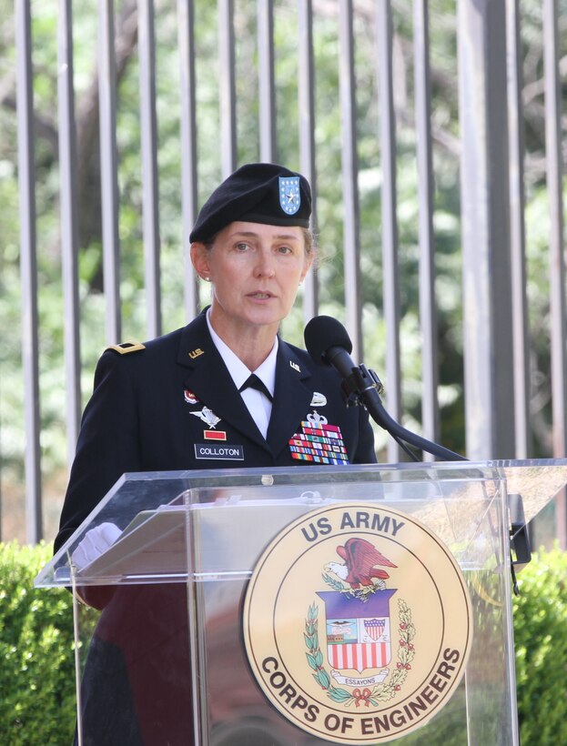 Brig. Gen. Kimberly Colloton, U.S. Army Corps of Engineers South Pacific Division commander, speaks during the U.S. Army Corps of Engineers Los Angeles District’s change of command ceremony July 14, 2020,