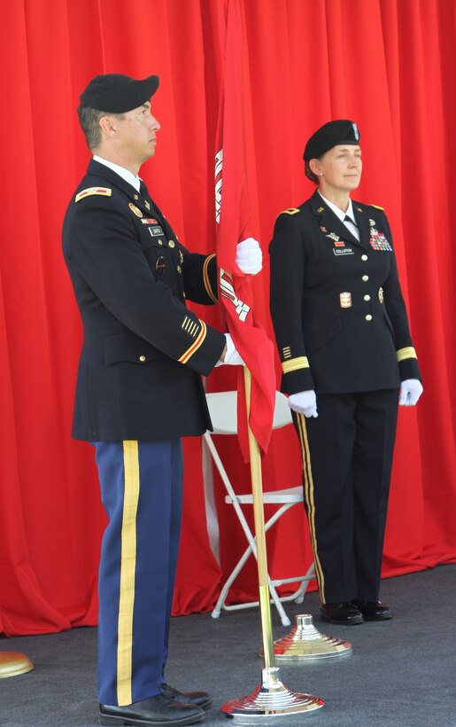 Col. Aaron Barta formally relinquishes command and departs his position as the 62nd commander of the U.S. Army Corps of Engineers Los Angeles District during a modified passing-of-the-colors at the district’s change of command ceremony July 14, 2020,