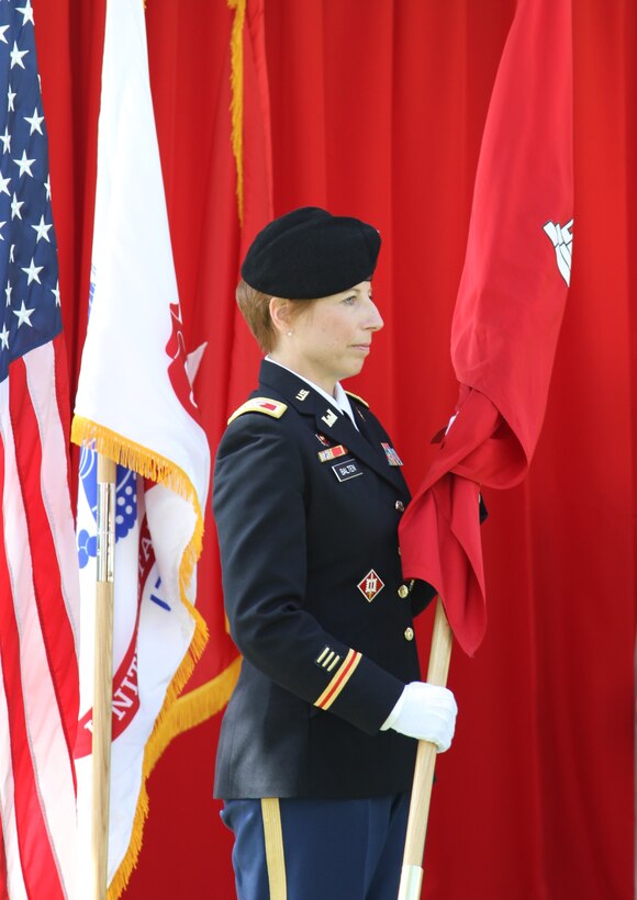 Col. Julie Balten formally marks her entry as the 63rd commander of the U.S. Army Corps of Engineers Los Angeles District during a modified passing-of-the-colors at the district’s change of command ceremony July 14, 2020,