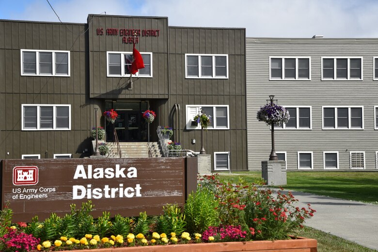 Workers completed the front of the Alaska District’s headquarters at the end of June.