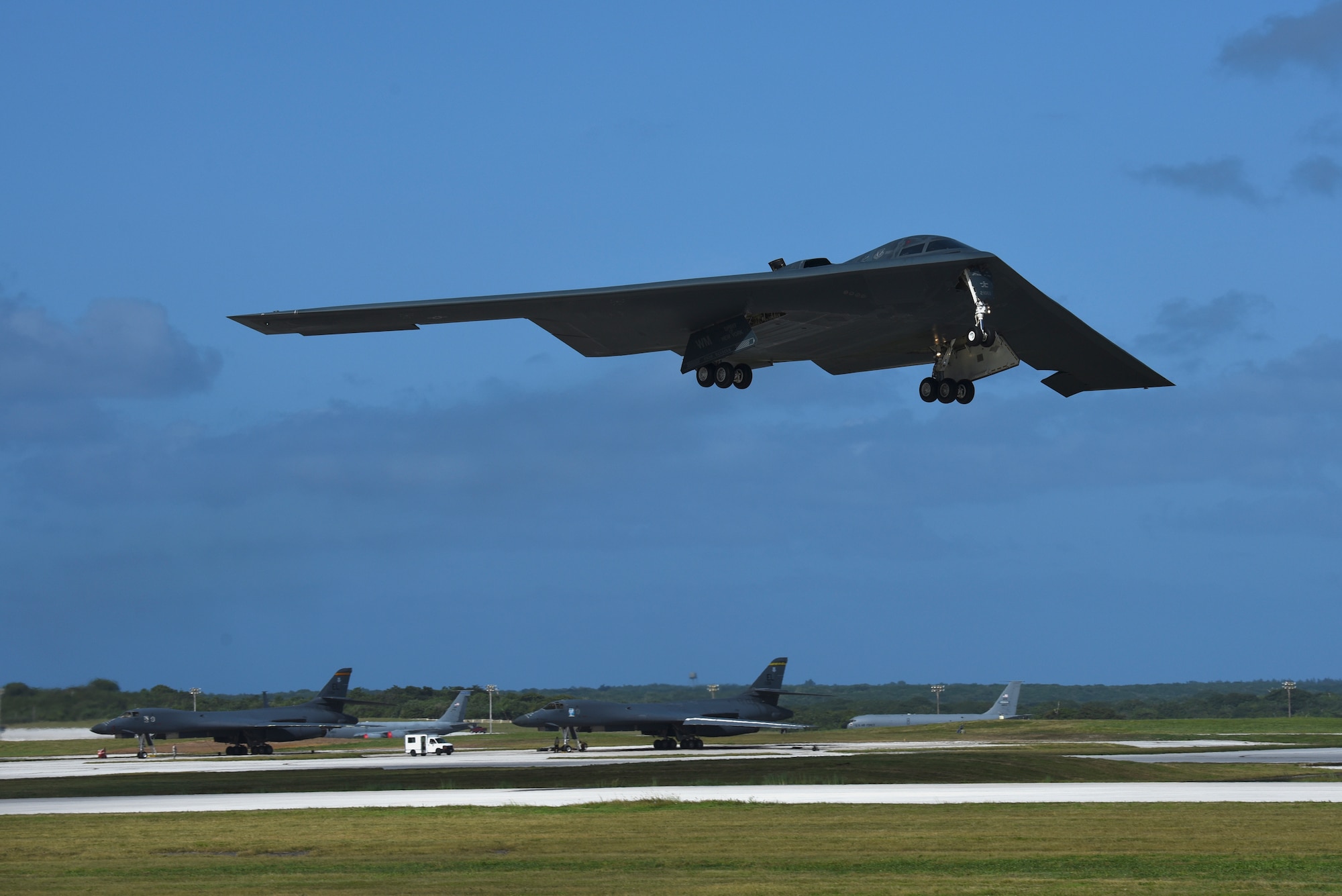 A U.S. Air Force B-2 Spirit bomber takes off form Andersen Air Force Base Jan. 11, 2018. (Air Force photo by Airman 1st Class Gerald Willis) .