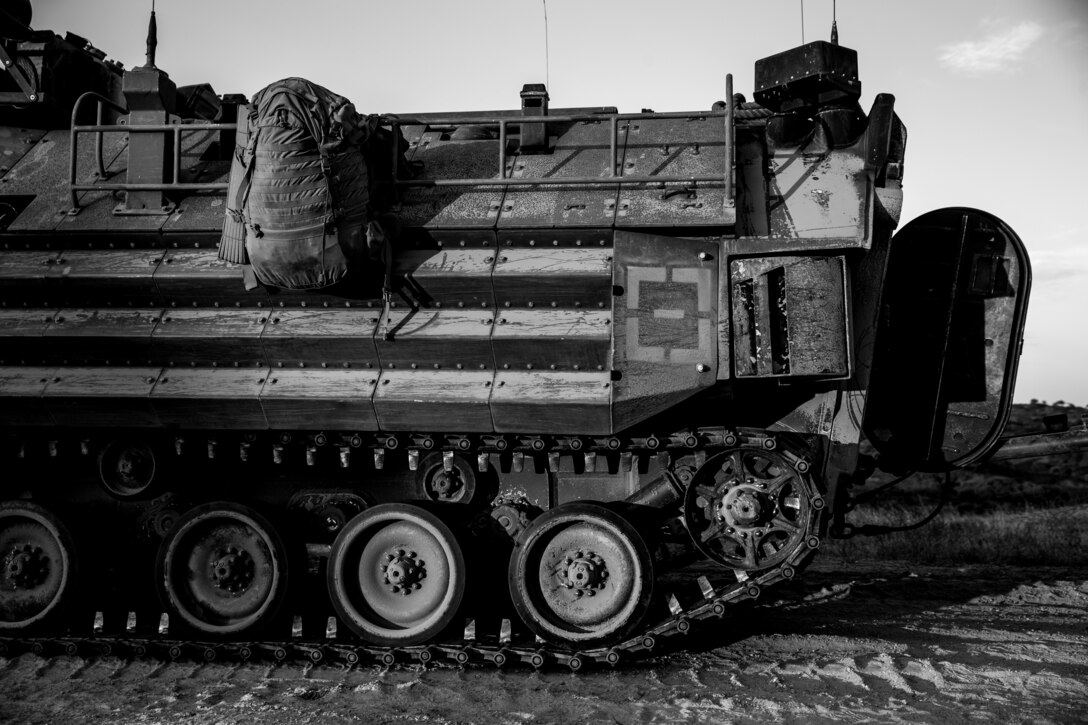 A U.S. Marine Corps AAV-P7/A1 assault amphibious vehicle with Bravo Company, Battalion Landing Team 1/4, 15th Marine Expeditionary Unit, is staged in preparation for sustainment training at Marine Corps Base Camp Pendleton, California, July 11, 2020. The AAV crew members conducted sustainment training to improve and maintain skills, such as driving, operating weapon systems and performing field expedient maintenance. (U.S. Marine Corps photo by Lance Cpl. Brendan Mullin)