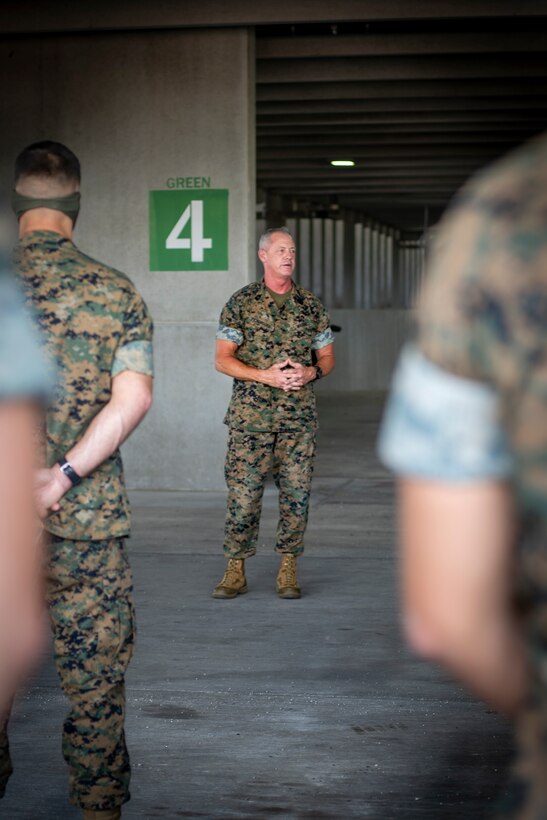 Sgt. Maj. Bryan K. Zickefoose, the senior enlisted leader of U.S. Southern Command, addresses the Marines and Sailors of Special Purpose Marine Air-Ground Task Force - Southern Command at Camp Lejeune, North Carolina, July 17, 2020. During the visit, Sgt. Maj. Zickefoose shared his professional guidance and mentorship with the Marines and Sailors and congratulated them on their hard work preparing for the mobilization of the task force. The task force is prepared and postured to deploy to the Latin American and the Caribbean region to work alongside partner nation militaries, enhancing combined crisis response efforts. (U.S. Marine Corps photo by Sgt. Andy O. Martinez)