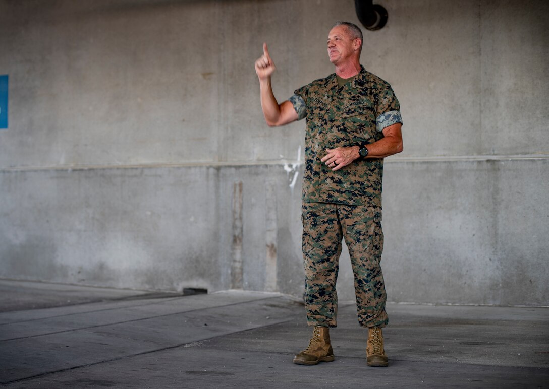 Sgt. Maj. Bryan K. Zickefoose, the senior enlisted leader of U.S. Southern Command, addresses the Marines and Sailors of Special Purpose Marine Air-Ground Task Force - Southern Command at Camp Lejeune, North Carolina, July 17, 2020. During the visit, Sgt. Maj. Zickefoose shared his professional guidance and mentorship with the Marines and Sailors and congratulated them on their hard work preparing for the mobilization of the task force. The task force is prepared and postured to deploy to the Latin American and the Caribbean region to work alongside partner nation militaries, enhancing combined crisis response efforts. (U.S. Marine Corps photo by Sgt. Andy O. Martinez)
