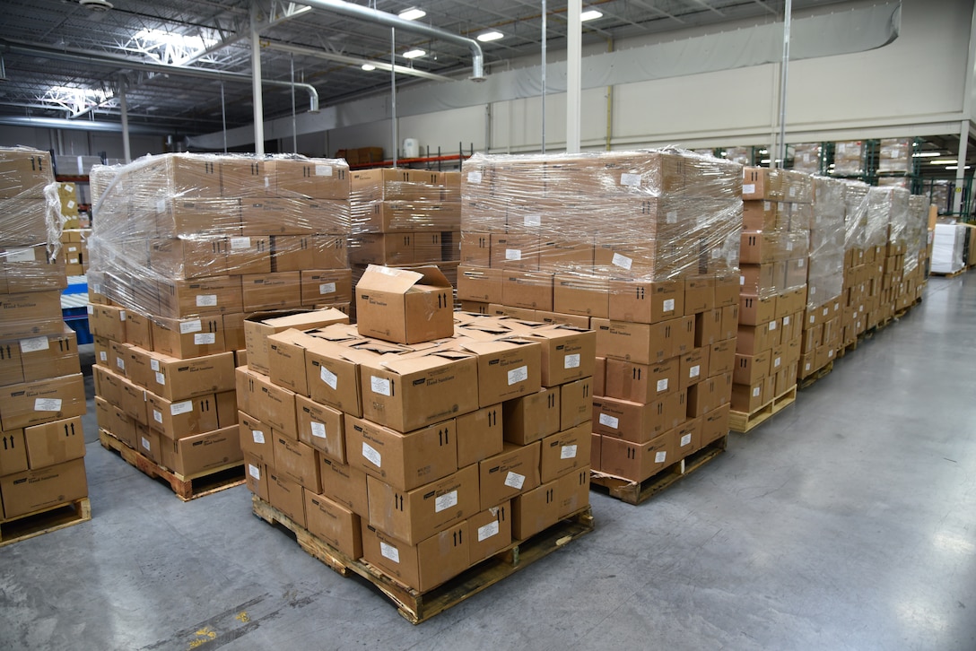 Pallets of hand sanitizer awaiting expedited shipment line the floor of Defense Logistics Agency Distribution Susquehanna, Pennsylvania on July 14, 2020.