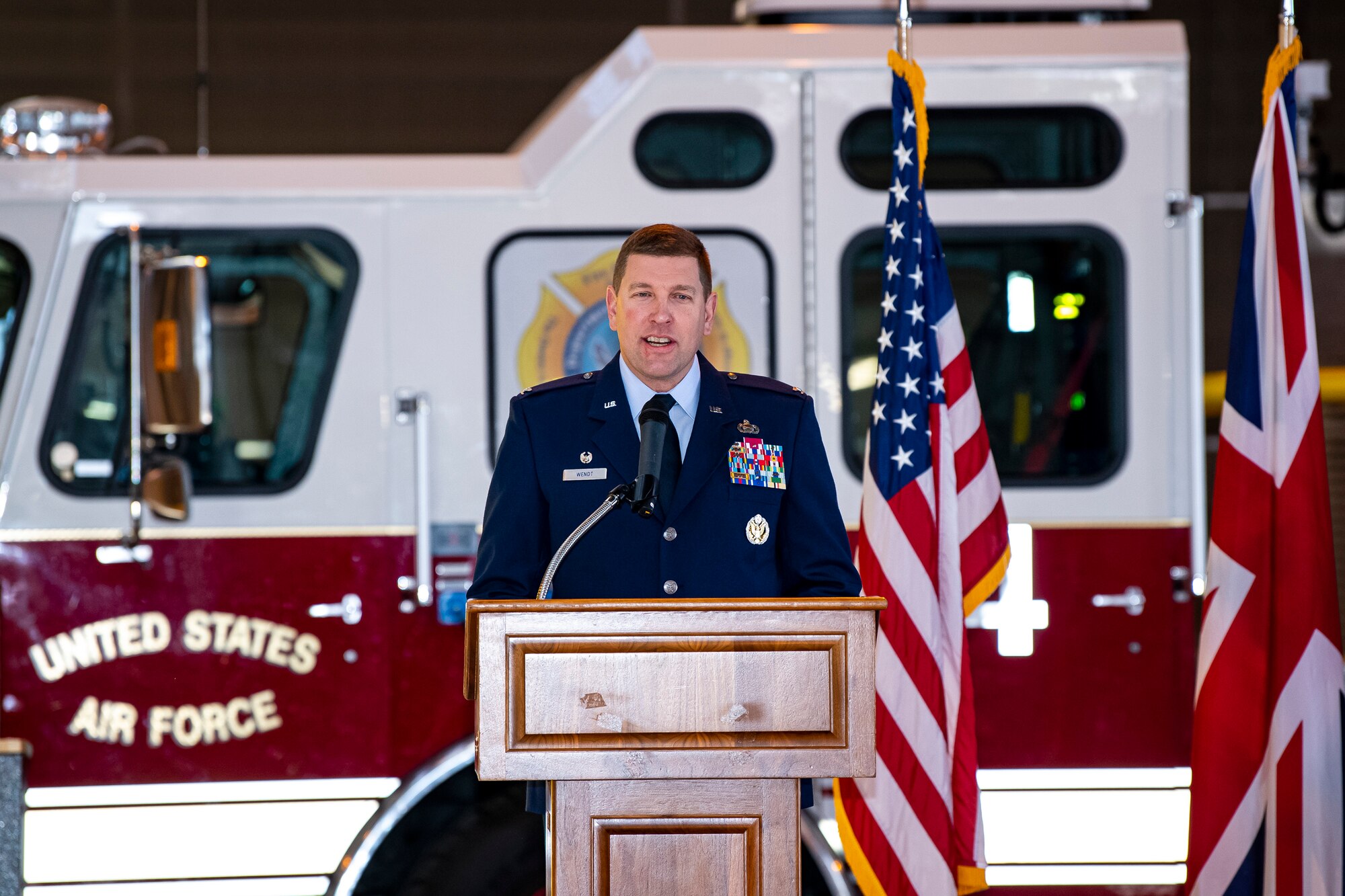 U.S. Air Force Col. Kurt A. Wendt, 501st Combat Support Wing commander, speaks during a change of command ceremony at RAF Alconbury, July 20, 2020. The change of command ceremony is a military tradition that represents a formal transfer of a unit’s authority and responsibility from one commander to another. (U.S. Air Force photo by Senior Airman Eugene Oliver)