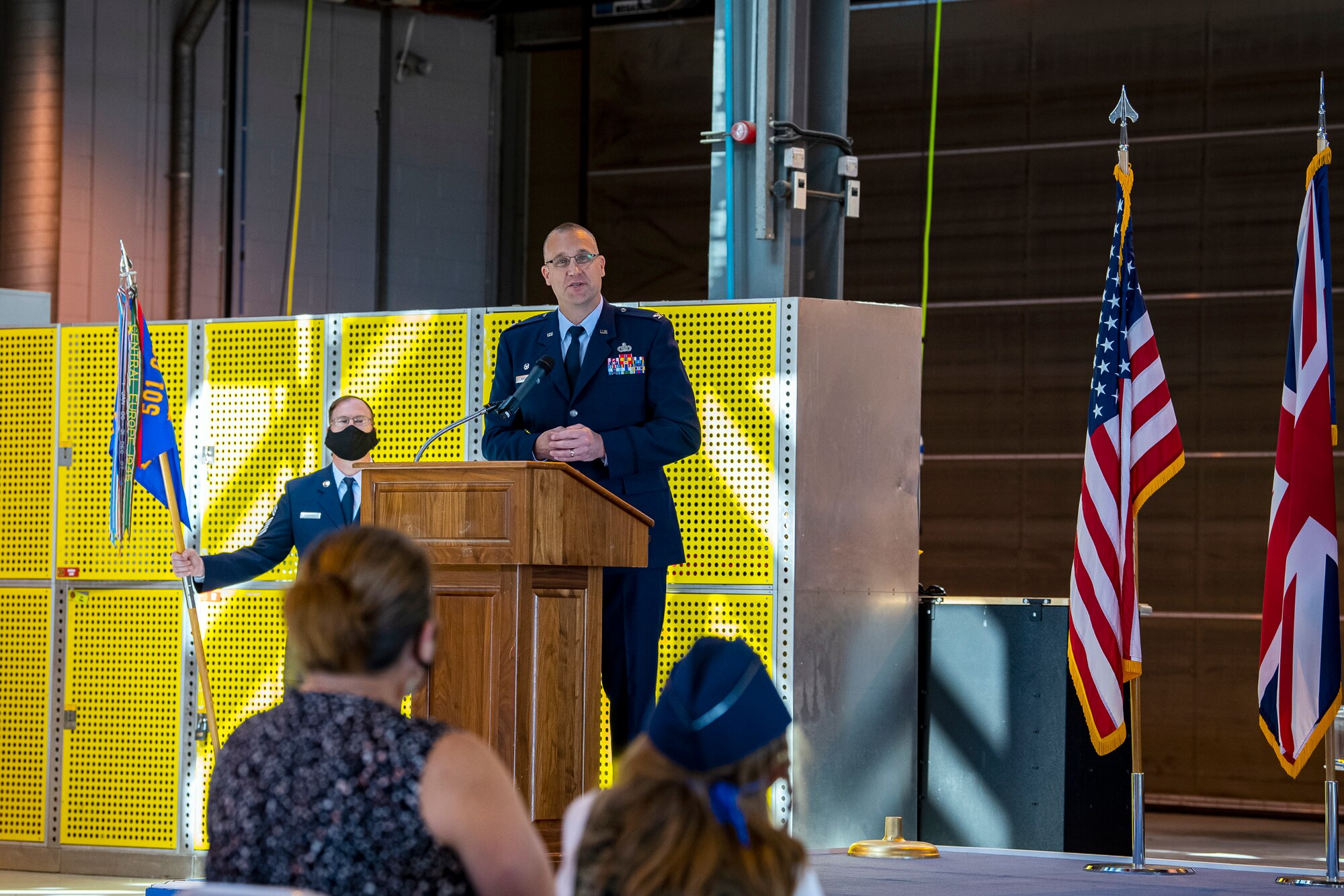 U.S. Air Force Col. Christopher Bromen, 423rd Air Base Group (ABG) outgoing commander, speaks during a change of command ceremony at RAF Alconbury, England, July, 20, 2020. The change of command ceremony is a military tradition that represents a formal transfer of a unit’s authority and responsibility from one commander to another. (U.S. Air Force photo by Senior Airman Eugene Oliver)