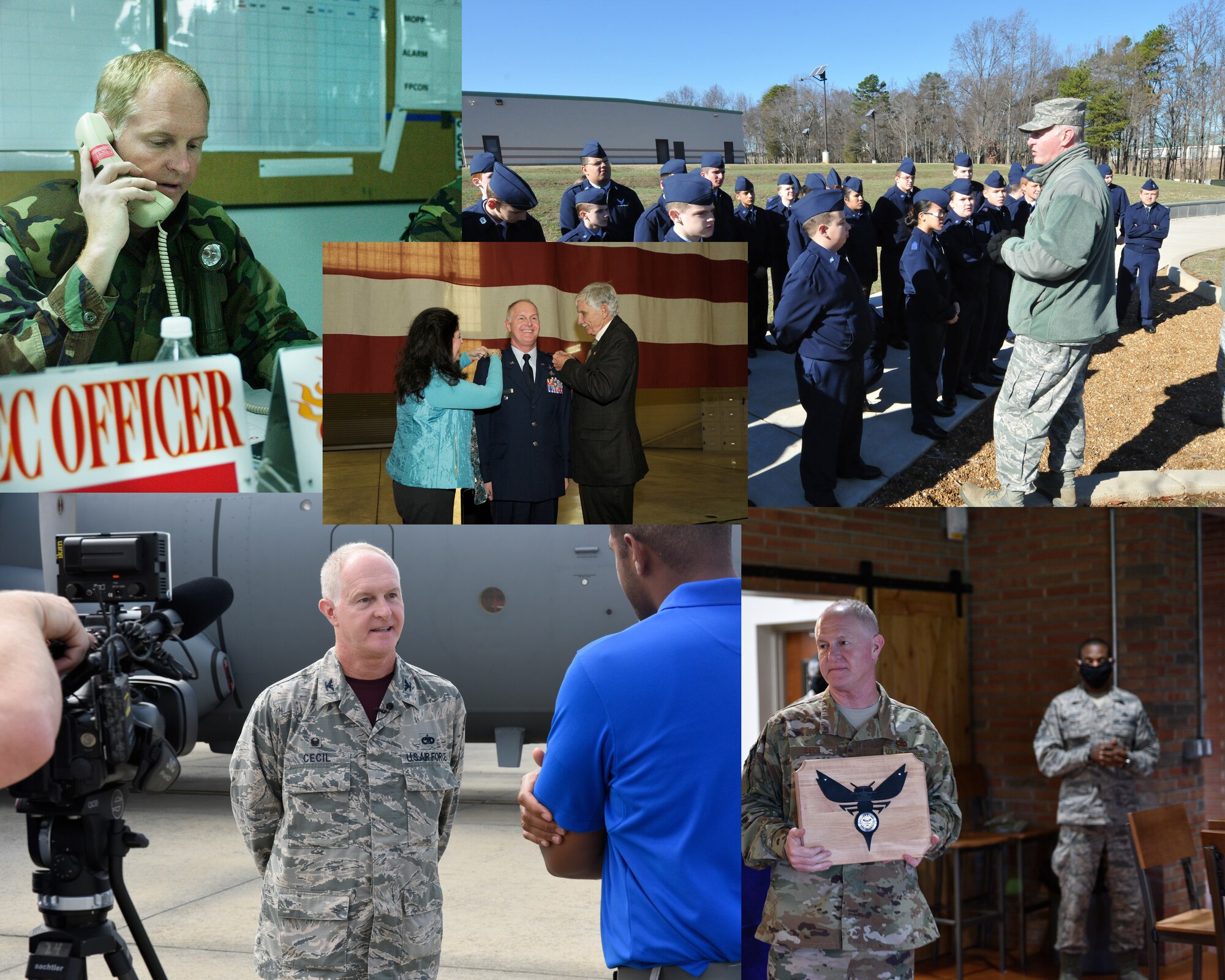 A collage of photos with newly pinned Brigadier General Allan R. Cecil spanning his time spent with the North Carolina Air National Guard.