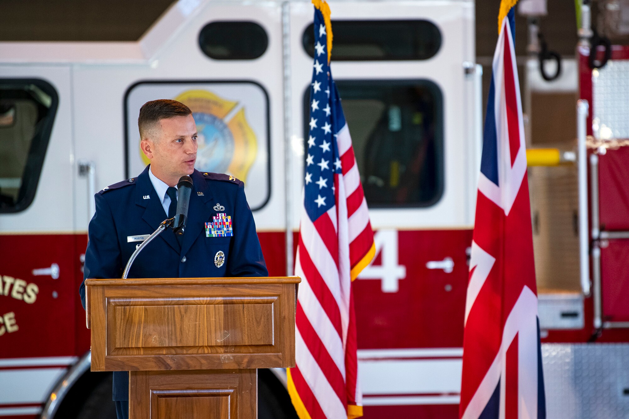 U.S. Air Force Col. Richard Martin, 423rd Air Base Group (ABG) incoming commander, speaks during a change of command ceremony at RAF Alconbury, England, July, 20, 2020. During the ceremony, Martin assumed command of the 423rd ABG from Col. Christopher Bromen. (U.S. Air Force photo by Senior Airman Eugene Oliver)