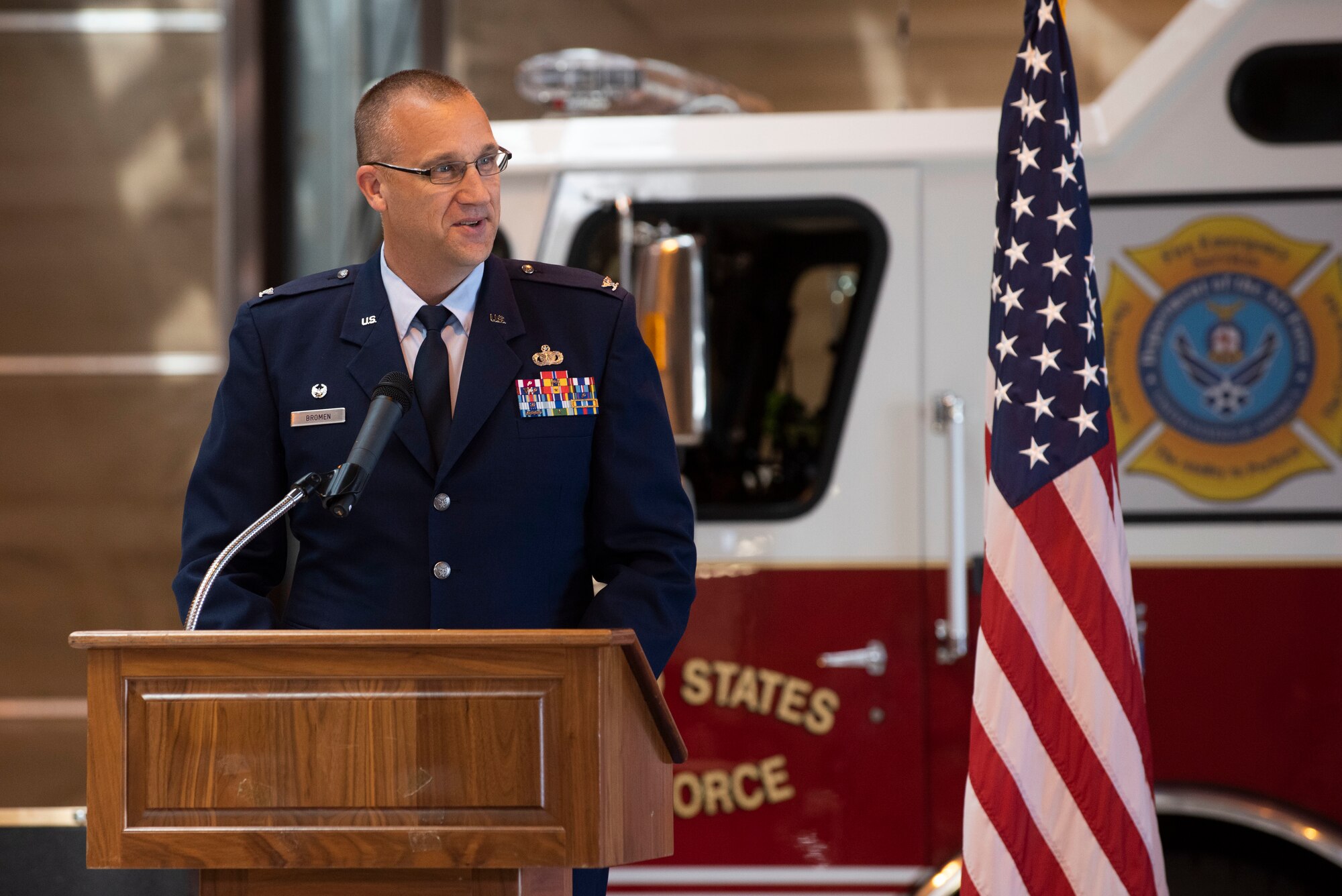 U.S. Air Force Col. Christopher Bromen, 423rd Air Base Group commander, speaks during the 423rd Civil Engineer Squadron Change of Command ceremony at RAF Alconbury, England, July 17, 2020. The change of command ceremony is rooted in military history dating back to the 18th century representing the relinquishing of power from one officer to another. (U.S. Air Force photo by Airman 1st Class Jennifer Zima)