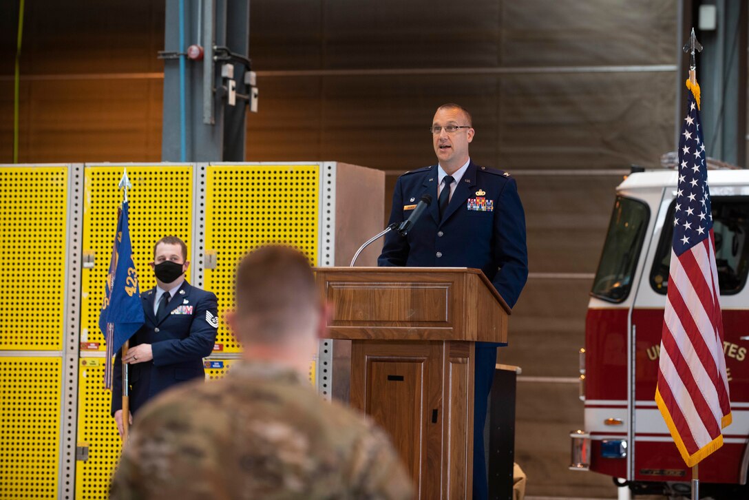 U.S. Air Force Col. Christopher Bromen, 423rd Air Base Group commander, speaks during the 423rd Civil Engineer Squadron Change of Command ceremony at RAF Alconbury, England, July 17, 2020. The change of command ceremony is rooted in military history dating back to the 18th century representing the relinquishing of power from one officer to another. (U.S. Air Force photo by Airman 1st Class Jennifer Zima)