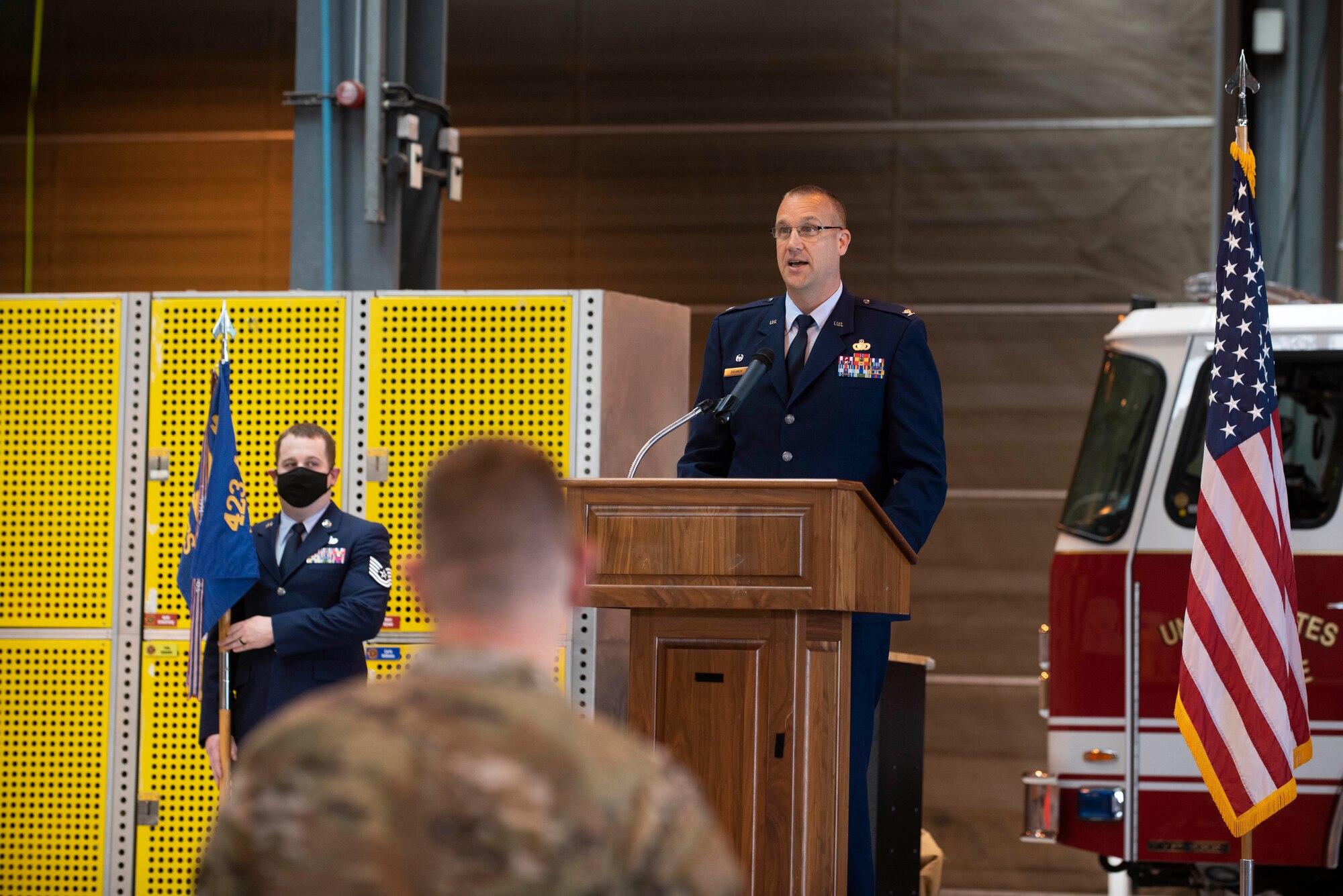U.S. Air Force Col. Christopher Bromen, 423rd Air Base Group commander, speaks during the 423rd Civil Engineer Squadron Change of Command ceremony at RAF Alconbury, England, July 17, 2020. The change of command ceremony is rooted in military history dating back to the 18th century representing the relinquishing of power from one officer to another. (U.S. Air Force photo by Airman 1st Class Jennifer Zima)