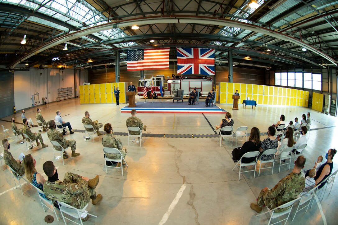 U.S. Air Force Col. Christopher Bromen, 423rd Air Base Group commander, speaks during the 423rd Civil Engineer Squadron Change of Command ceremony at RAF Alconbury, England, July 17, 2020. The change of command ceremony is rooted in military history dating back to the 18th century representing the relinquishing of power from one officer to another. (U.S. Air Force photo by Airman 1st Class Jennifer Zima)