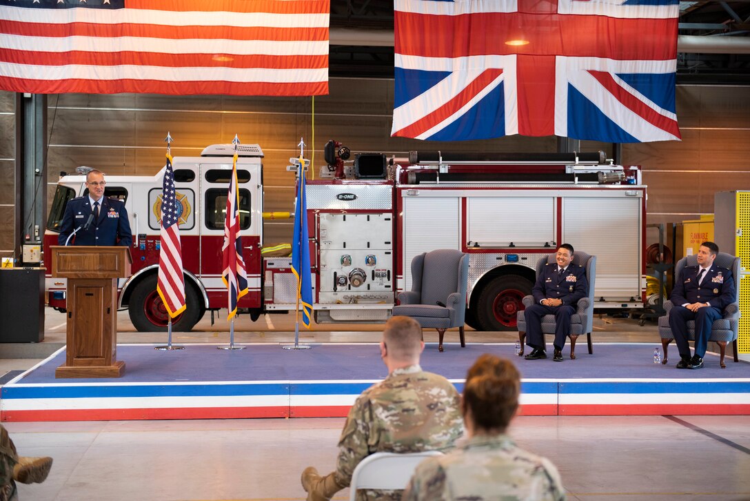 U.S. Air Force Col. Christopher Bromen, 423rd Air Base Group commander, speaks during the 423rd Civil Engineer Squadron Change of Command ceremony at RAF Alconbury, England, July 17, 2020. The change of command ceremony is rooted in military history dating back to the 18th century representing the relinquishing of power from one officer to another. (U.S. Air Force photo by Airman 1st Class Jennifer Zima)