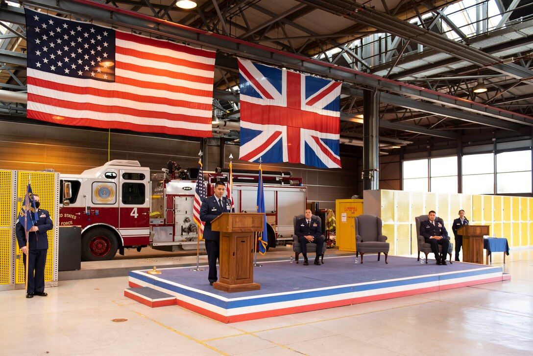 U.S. Air Force Maj. Chin T. Hsu, 423rd Civil Engineer Squadron (CES) outgoing commander, speaks during the 423rd CES Change of Command ceremony at RAF Alconbury, England, July 17, 2020. The change of command ceremony is rooted in military history dating back to the 18th century representing the relinquishing of power from one officer to another. (U.S. Air Force photo by Airman 1st Class Jennifer Zima)