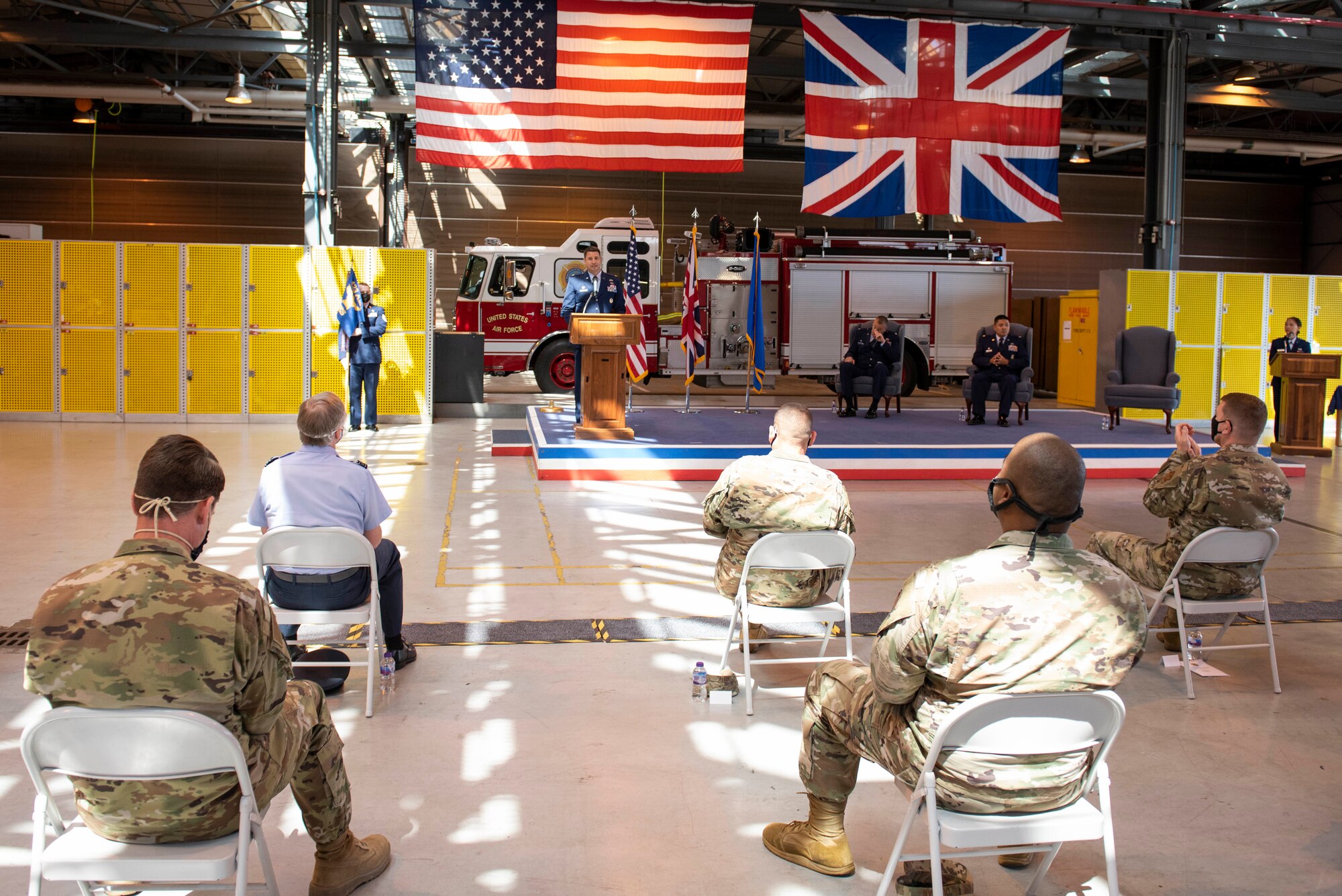 U.S. Air Force Maj. Hans Winkler, 423rd Civil Engineer Squadron (CES) commander, speaks during the 423rd CES Change of Command ceremony at RAF Alconbury, England, July 17, 2020. The change of command ceremony is rooted in military history dating back to the 18th century representing the relinquishing of power from one officer to another. (U.S. Air Force photo by Airman 1st Class Jennifer Zima)