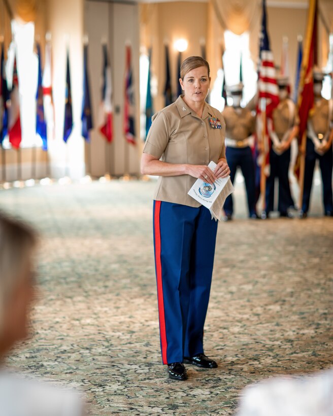 U.S. Marine Corps Col. Heather J. Cotoia, Commanding Officer, 4th Marine Corps District, addresses the audience during the district change of command ceremony at the West Shore Country Club, Camp Hill, Pennsylvania, July 16, 2020. Col. Robert M. Clark relinquished his command to Cotoia after three years commanding the 4th Marine Corps District. (U.S. Marine Corps Photo by Cpl. Cody J. Ohira)