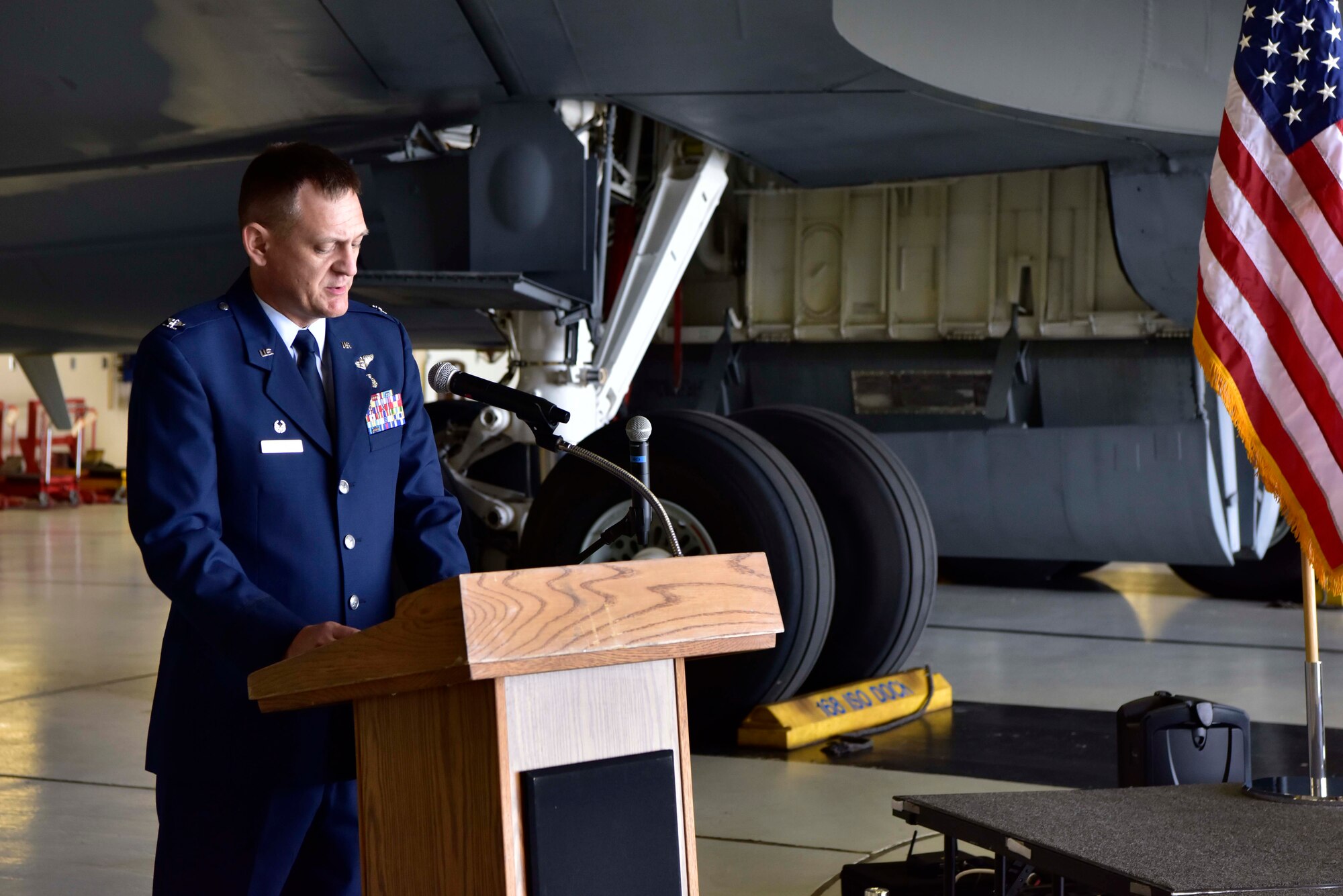 U.S. Air Force Col. William Thoms, Jr., the 54th Medical Group commander, speaks at the 354th Medical Operations Squadron assumption of command ceremony at Eielson Air Force Base, Alaska, July 17, 2020. Lt. Col. Clayton Rabens assumed command of the 354th MDOS after serving as a resident at the U.S. Air Force School of Medicine at Wright-Patterson Air Force Base, Ohio. (U.S. Air Force photo by Senior Airman Beaux Hebert)