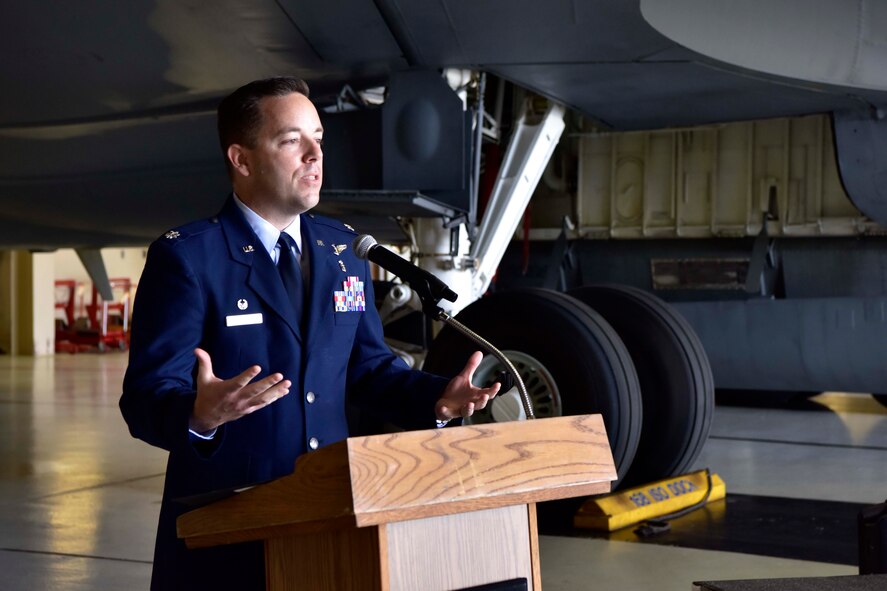 U.S. Air Force Lt. Col. Clayton Rabens, the new 354th Medical Operations Squadron commander, addresses the audience at an assumption of command ceremony at Eielson Air Force Base, Alaska, July 17, 2020. Rabens is a senior flight surgeon with 452 flight hours in 25 different military aircraft, including 54 combat hours. (U.S. Air Force photo by Senior Airman Beaux Hebert)