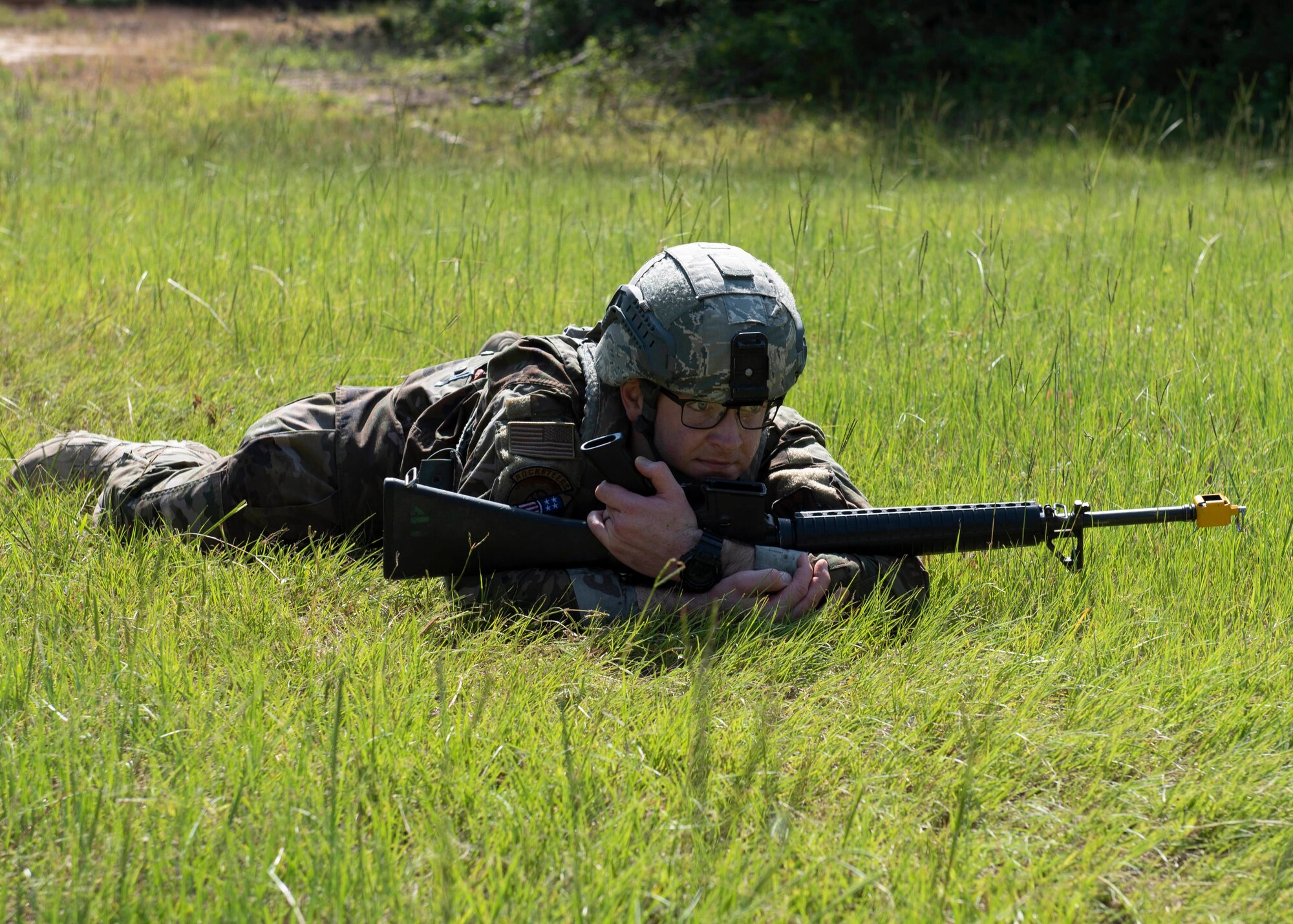 Staff Sgt James Stevick, 4th Maintenance Group crew chief, practices tactical movements during a combat skills training course at Seymour Johnson Air Force Base, North Carolina, July 13, 2020.