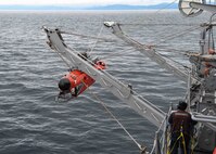 MUTSU BAY (July 19, 2020) – Sailors lower the mine neutralization vehicle (MNV) into the water for mine hunting practice aboard mine countermeasures ship USS Pioneer (MCM 9). Pioneer, part of Mine Countermeasures Squadron 7, is operating in the 7th Fleet area of operations to enhance interoperability with partners and serve as a ready-response platform for contingency operations.