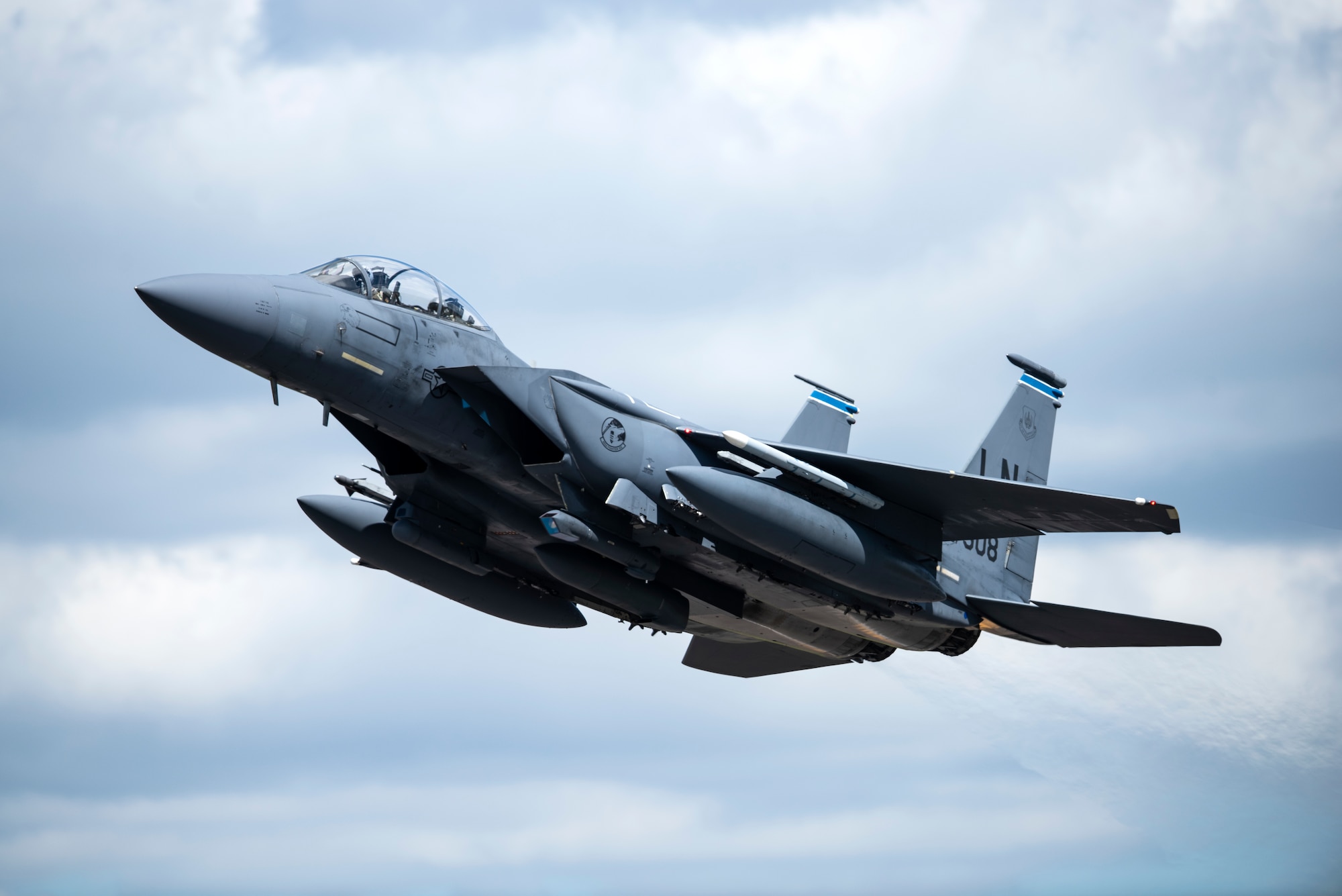 An F-15E Strike Eagle assigned to the 492nd Fighter Squadron takes off at Royal Air Force Lakenheath, England, July 20, 2020. The 492nd FS conducts routine training to ensure the Liberty Wing brings unique air combat capabilities to the fight when called upon by U.S. Air Forces in Europe-Air Forces Africa.(U.S. Air Force photo by Airman 1st Class Jessi Monte)