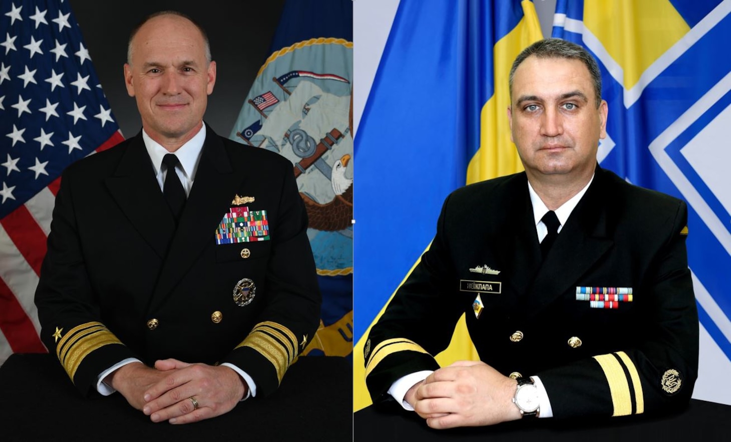 Vice Admiral Eugene Black Commander of the U.S. 6th Fleet, Naval Striking and Support Forces NATO (left) and Rear Admiral Oleksiy Neizhpapa Commander of the Naval Forces of the Armed Forces of Ukraine