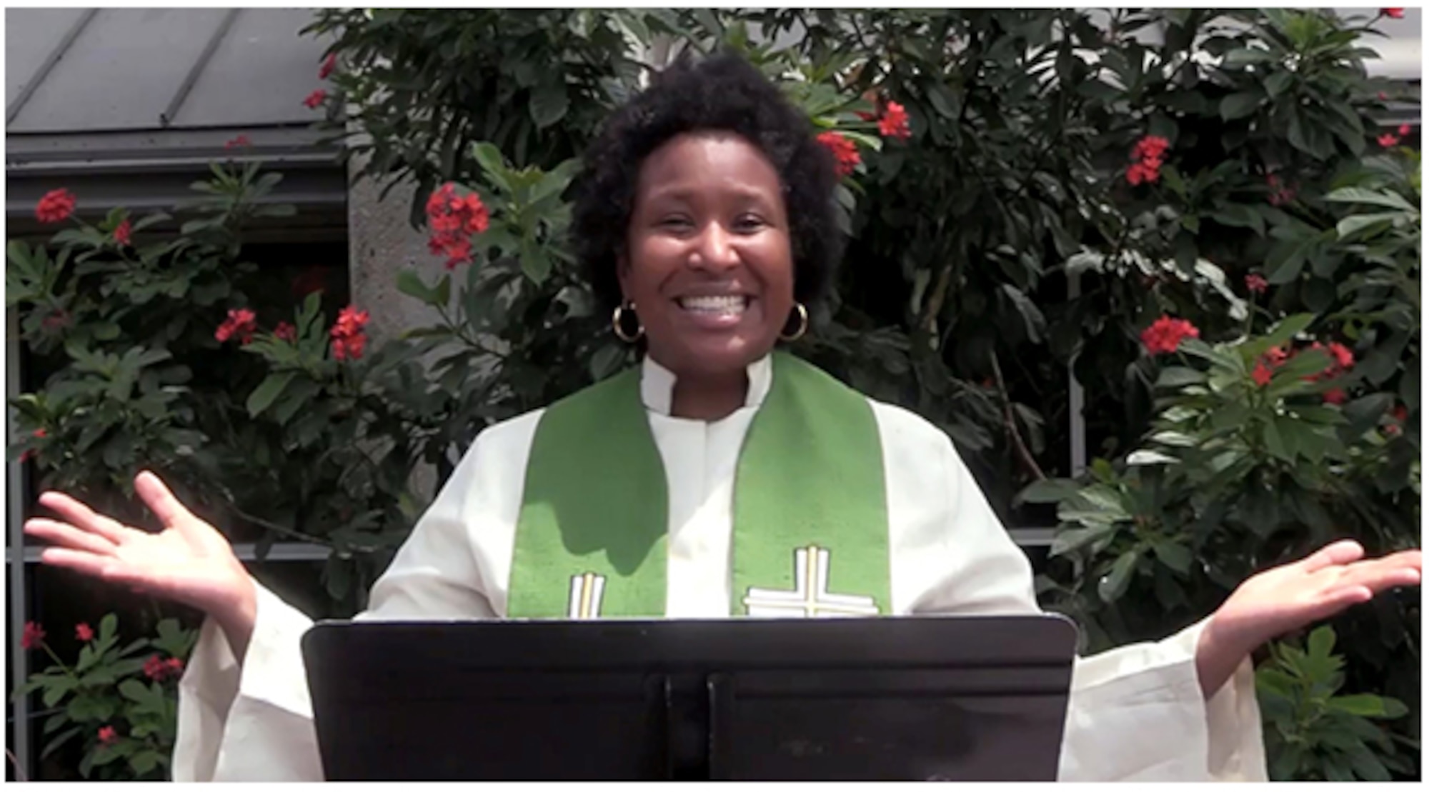 Air Force Chaplain (Capt.) Kimberly Hall welcomes viewers to a virtual service being livestreamed from Joint Base San Antonio-Lackland July 12, 2020.