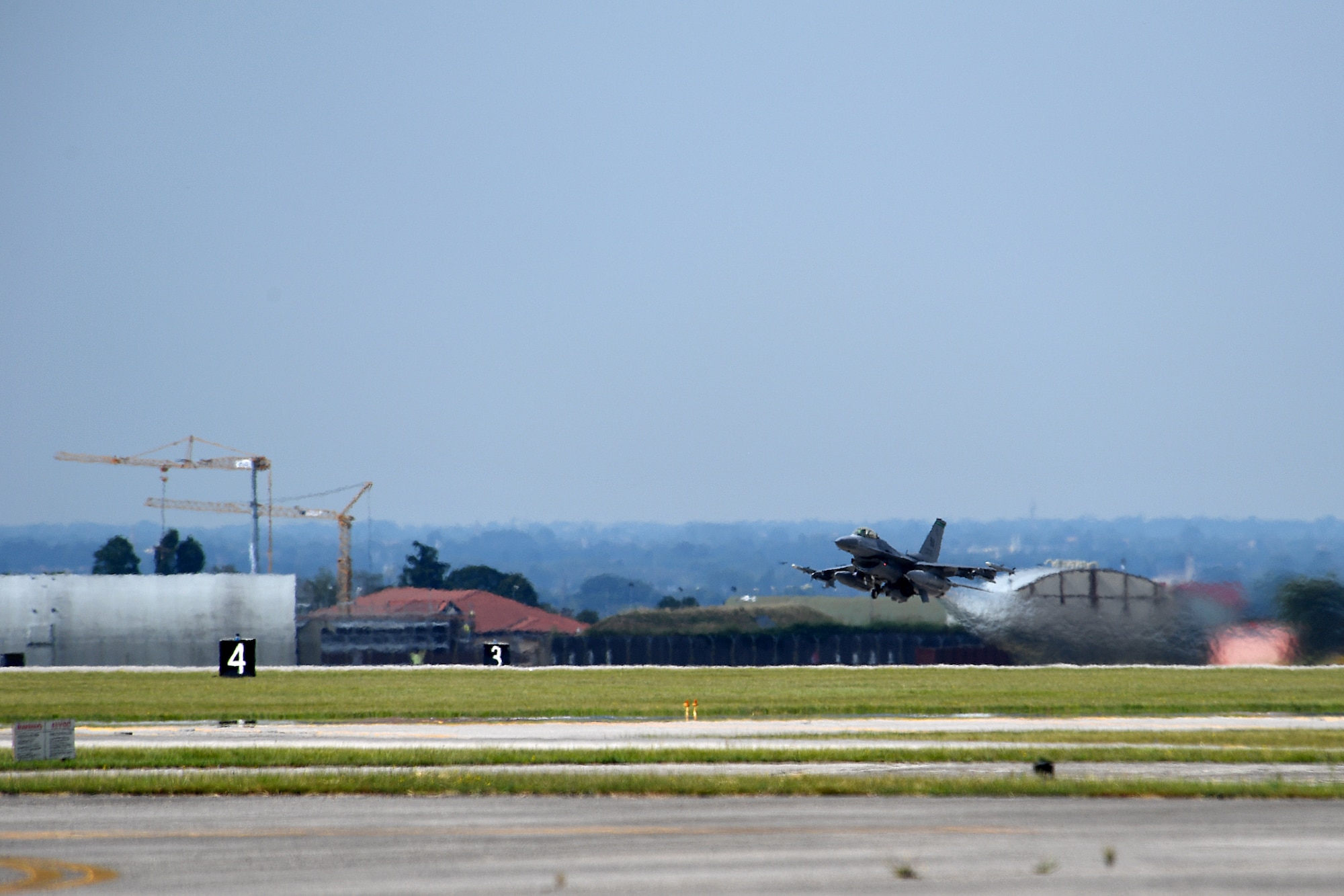 An F-16 Fighting Falcon assigned to the 555th Fighter Squadron takes off at Aviano Air Base, Italy, July 15, 2020. The 555th FS “Triple Nickel” has been stationed at Aviano AB since the 31st Fighter Wing’s activation on April 1, 1994. Other home stations for the 555th FS include various U.S. locations, England, France, Belgium, and Thailand. (U.S. Air Force photo by Staff Sgt. Kelsey Tucker)