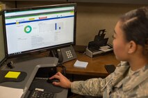 Airman 1st Class Julissa Butler, 49th Comptroller Squadron financial management technician, navigates the new Comptroller Services Portal system, July 15, 2020, at the 49th CPTS, on Holloman Air Force Base, N.M. The new finance customer service program, CSP provides customers a safe and secure avenue to create online inquires, track in-progress inquiries from start to finish and offers a unified platform to search for finance related regulations and articles. (U.S. Air Force photo by Senior Airman Collette Brooks)