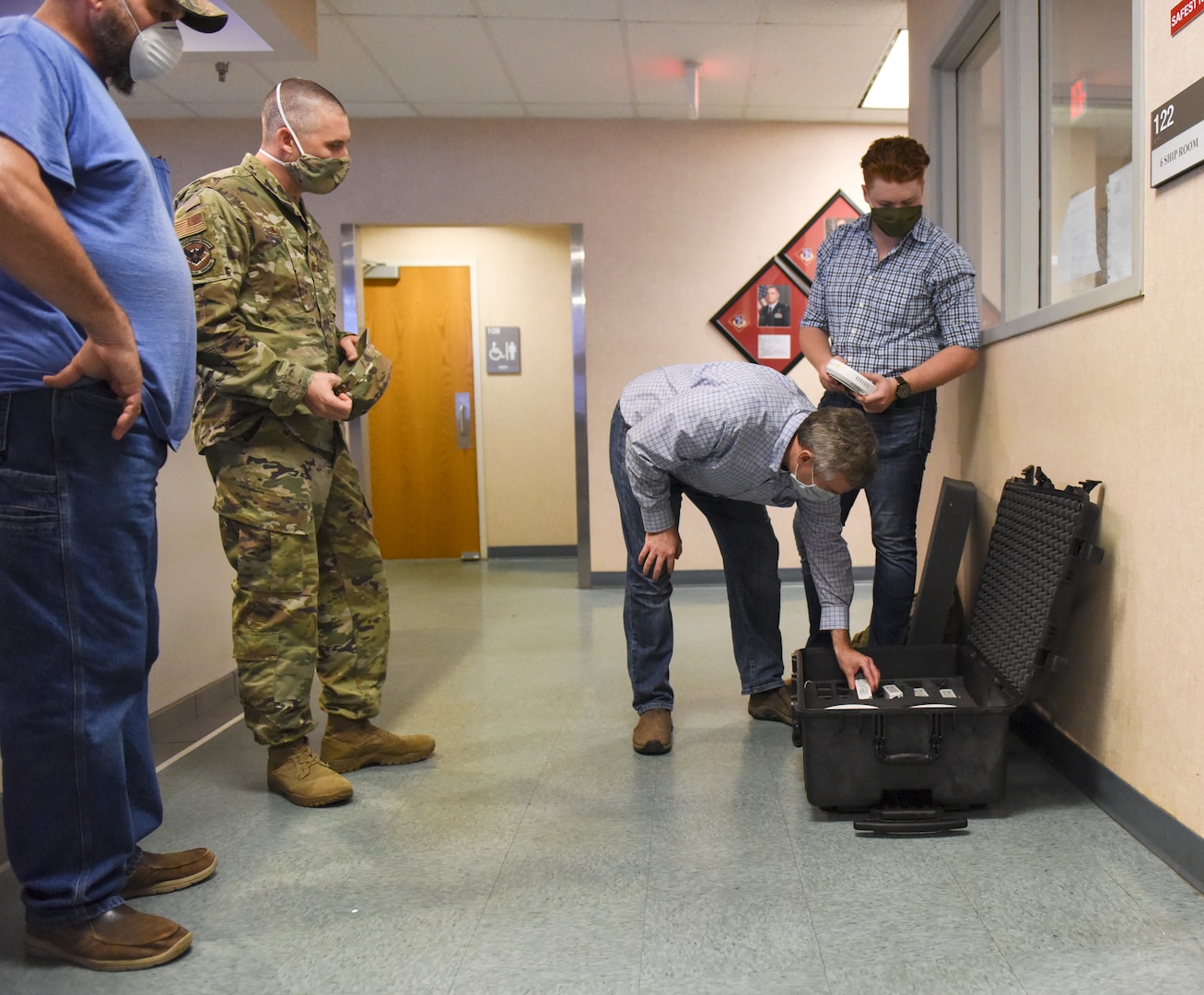 PJ Piper, FAR UV Technologies prepares for an ultraviolet installment in one of many facilities across the 189th Airlift Wing, July 16, 2020, at Little Rock Air Force Base, Ark. The wing is the first  in the Department of Defense to utilize this technology in the work environment.