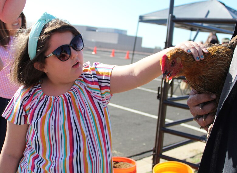 Holly, 8, pets a chicken at the 50th Contracting Squadron B Flight Petting Zoo July 20, 2020, at Schriever Air Force Base, Colorado. The 50th CONS hosted the event to boost Airmen morale. Along with 50th Force Support Squadron, 50th CONS helped set up the event at the lot behind the base fitness center. (U.S. Air Force photo by Marcus Hill)