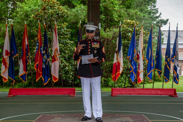 U.S. Marine Corps Staff Sgt. Darron Dale with Wounded Warrior Battalion-East (WWBN-E) retired on Marine Corps Base Camp Lejeune, North Carolina, June 19, 2020.