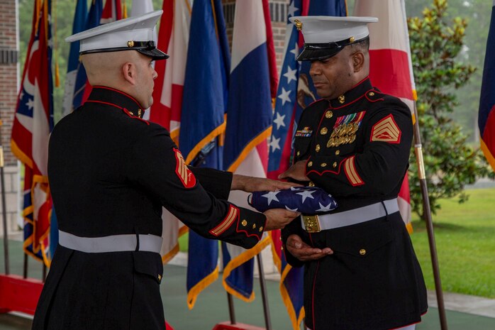 U.S. Marine Corps Staff Sgt. Darron Dale with Wounded Warrior Battalion-East (WWBN-E) retired on Marine Corps Base Camp Lejeune, North Carolina, June 19, 2020.