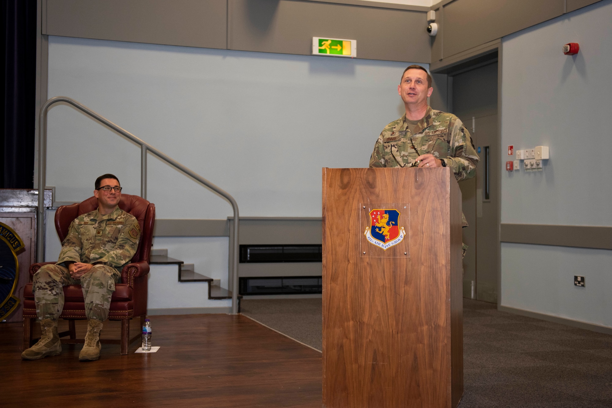 U.S. Air Force Col. Jon Hannah, 422nd Air Base Group commander, speaks during during the 422nd Security Forces Squadron Assumption of Command ceremony at RAF Croughton, England, July 22, 2020. The change of command ceremony is rooted in military history dating back to the 18th century representing the relinquishing of power from one officer to another. (U.S. Air Force photo by Airman 1st Class Jennifer Zima)